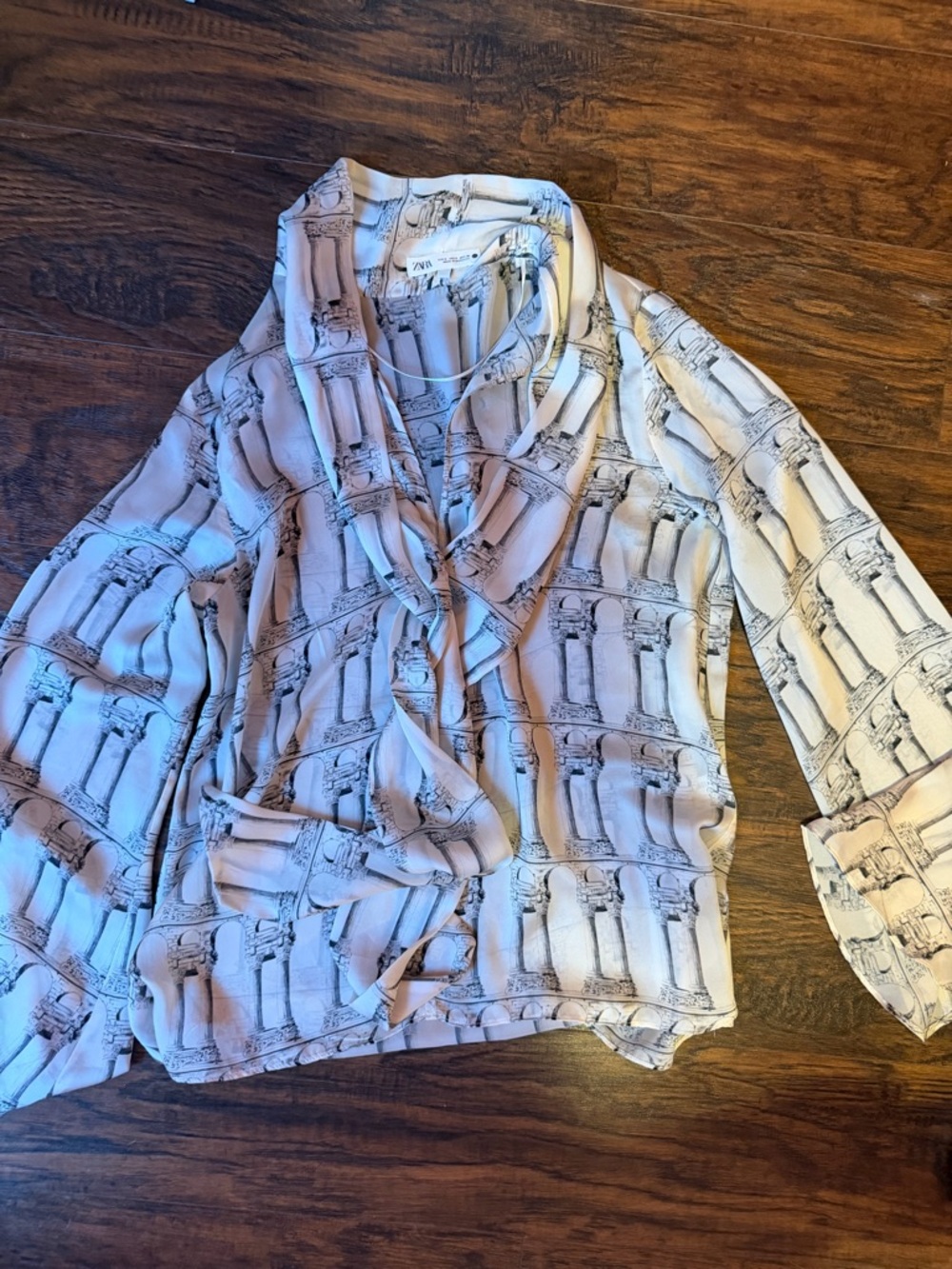 Zara White Black Architectural Print Bow Blouse